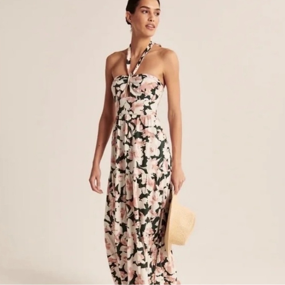 Abercrombie & Fitch Floral Strapless Maxi Dress in Pink and Green